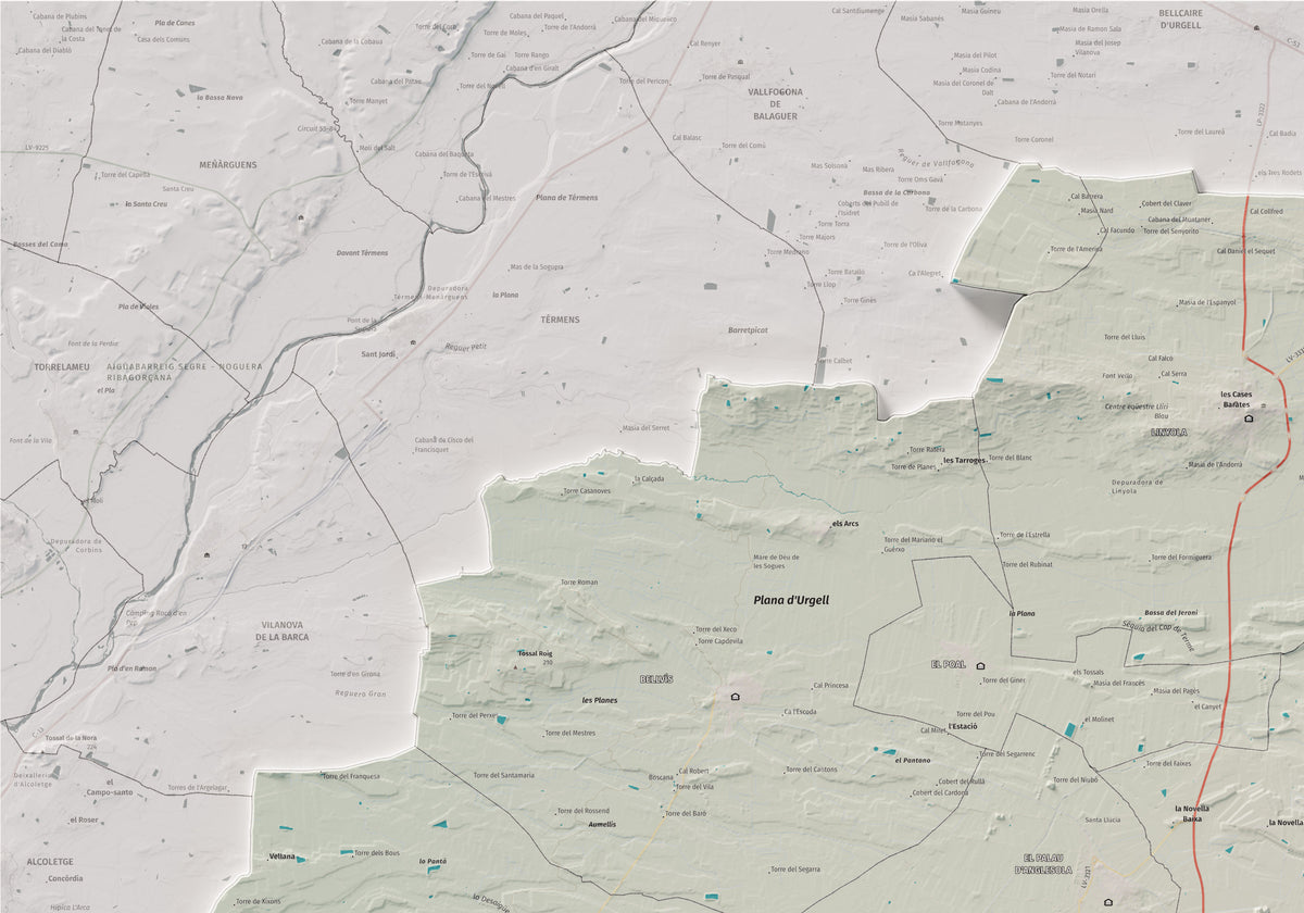 Mapa de relleu del Pla d’Urgell, amb el territori en color i l’entorn en blanc. Detall de la part superior esquerra. 70 × 100 cm. Estil Cartogràfic.