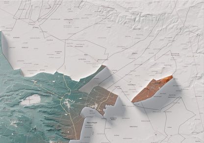 Mapa de relleu del Pla d’Urgell, amb el territori en color i l’entorn en blanc. Detall de la part superior dreta. 70 × 100 cm. Estil Blau i taronja.