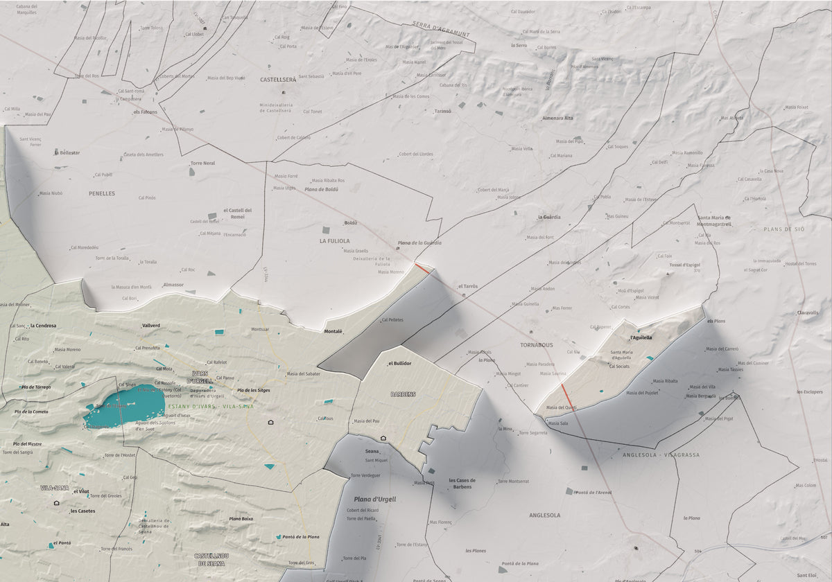 Mapa de relleu del Pla d’Urgell, amb el territori en color i l’entorn en blanc. Detall de la part superior dreta. 70 × 100 cm. Estil Cartogràfic.