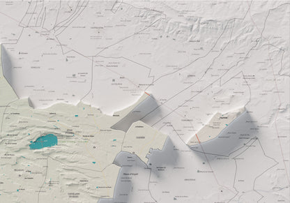 Mapa de relleu del Pla d’Urgell, amb el territori en color i l’entorn en blanc. Detall de la part superior dreta. 70 × 100 cm. Estil Cartogràfic.