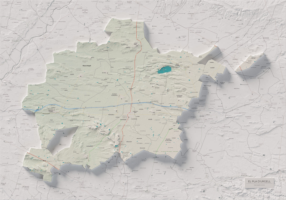 Mapa de relleu del Pla d’Urgell, amb el territori en color i l’entorn en blanc. Vista completa de la làmina. 70 × 100 cm. Estil Cartogràfic.