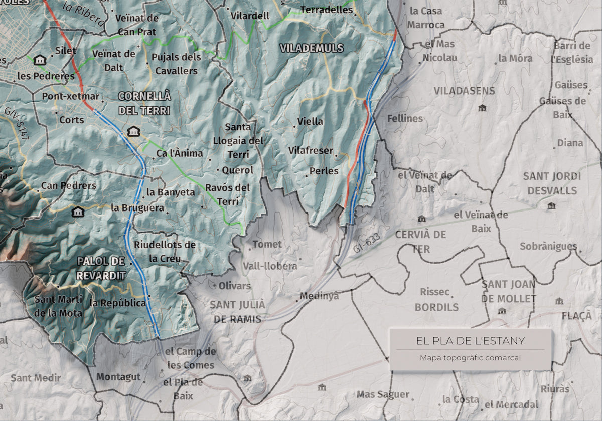 Mapa de relleu del Pla de l’Estany, amb el territori en color i l’entorn en blanc. Detall de la part inferior dreta. 21 × 30 cm. Estil Blau i taronja.