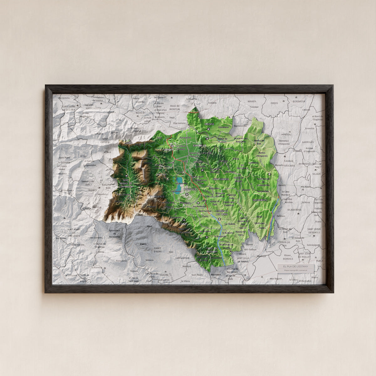 Mapa de relleu del Pla de l’Estany, amb el territori en color i l’entorn en blanc. Presentació amb marc. 21 × 30 cm. Estil Clàssic.