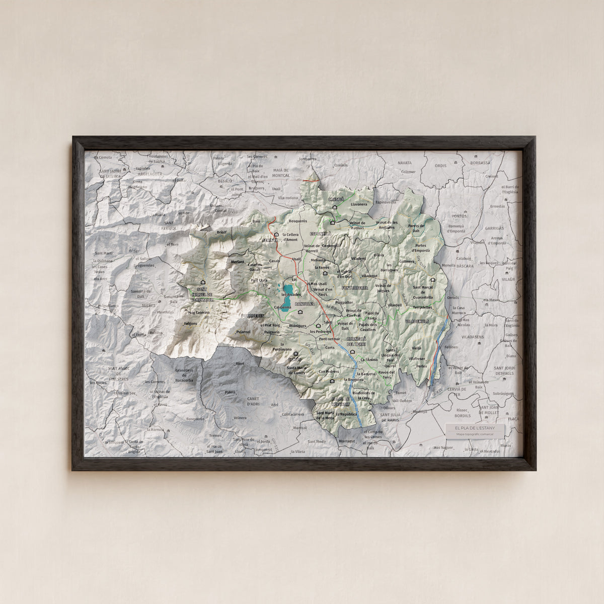 Mapa de relleu del Pla de l’Estany, amb el territori en color i l’entorn en blanc. Presentació amb marc. 21 × 30 cm. Estil Cartogràfic.