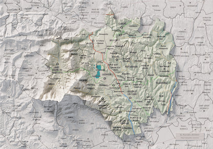 Mapa de relleu del Pla de l’Estany, amb el territori en color i l’entorn en blanc. Vista completa de la làmina. 21 × 30 cm. Estil Cartogràfic.