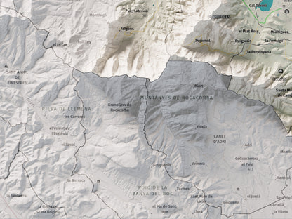Mapa de relleu del Pla de l’Estany, amb el territori en color i l’entorn en blanc. Detall de la part inferior esquerra. 30 × 40 cm. Estil Cartogràfic.
