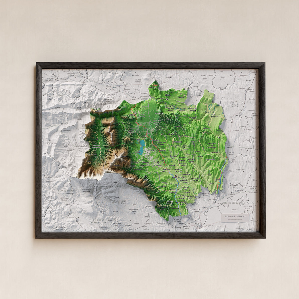 Mapa de relleu del Pla de l’Estany, amb el territori en color i l’entorn en blanc. Presentació amb marc. 30 × 40 cm. Estil Clàssic.