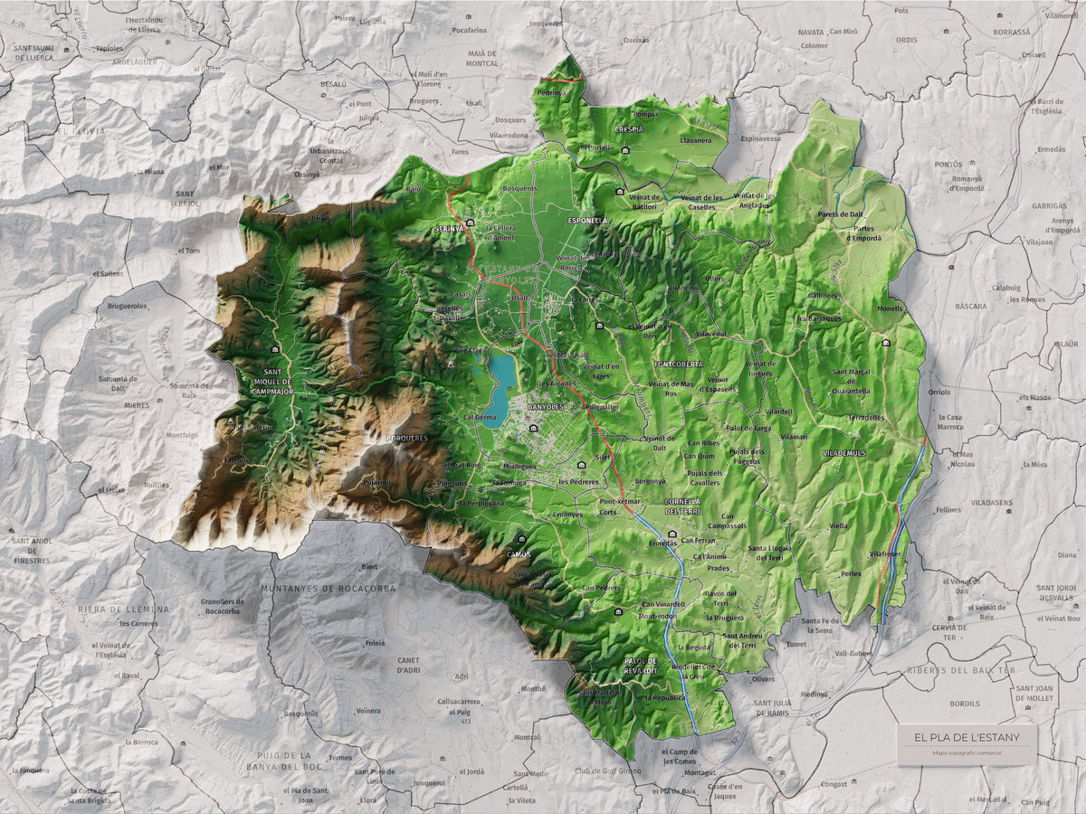 Mapa de relleu del Pla de l’Estany, amb el territori en color i l’entorn en blanc. Vista completa de la làmina. 30 × 40 cm. Estil Clàssic.