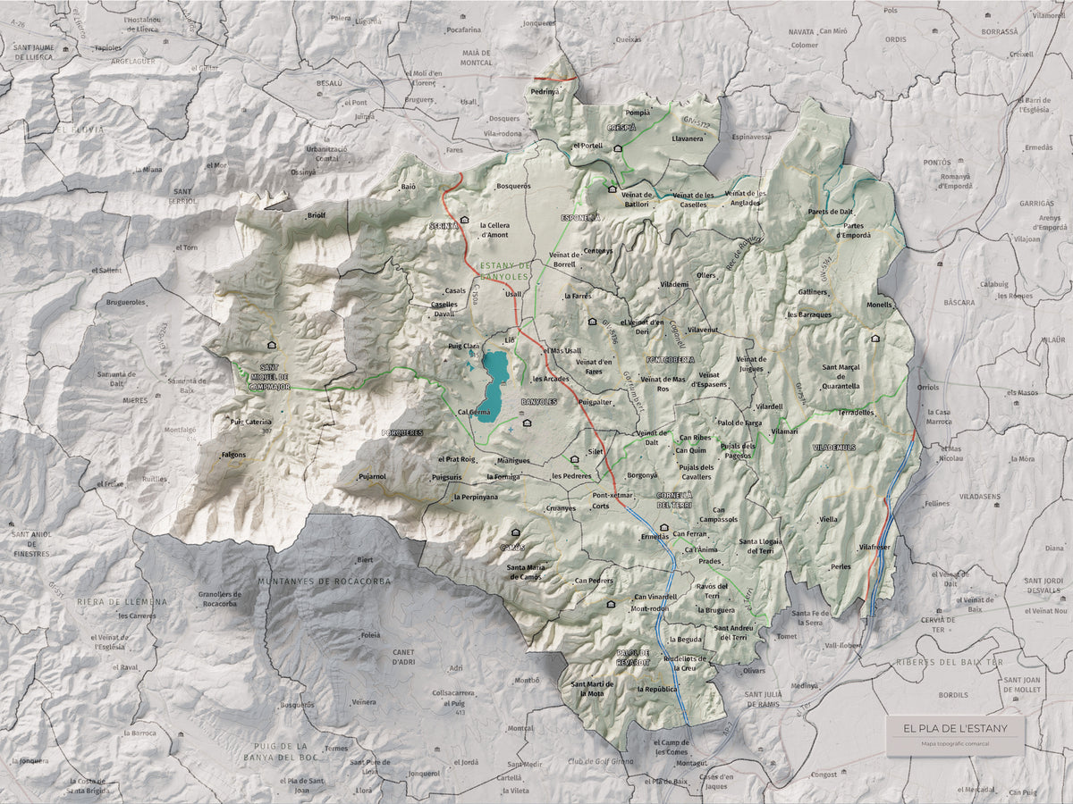 Mapa de relleu del Pla de l’Estany, amb el territori en color i l’entorn en blanc. Vista completa de la làmina. 30 × 40 cm. Estil Cartogràfic.