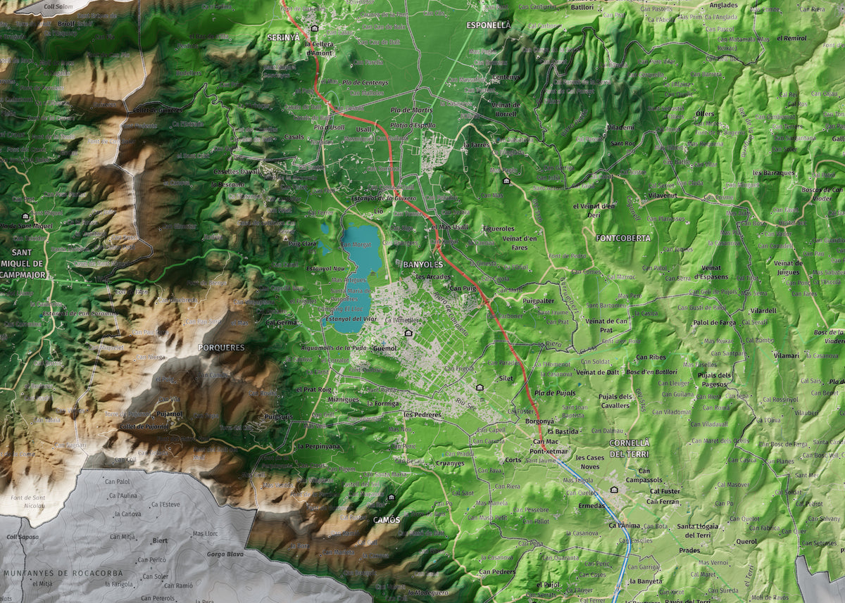 Mapa de relleu del Pla de l’Estany, amb el territori en color i l’entorn en blanc. Detall de la part central. 50 × 70 cm. Estil Clàssic.