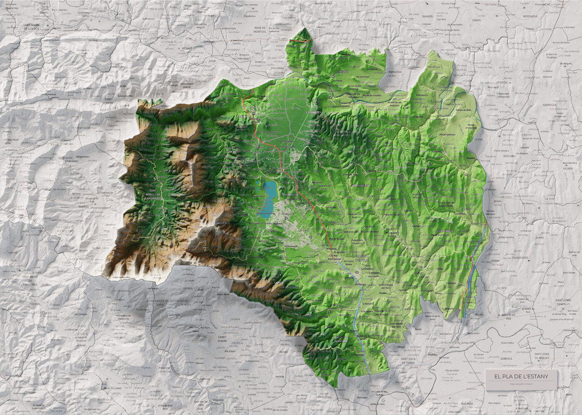 Mapa de relleu del Pla de l’Estany, amb el territori en color i l’entorn en blanc. Vista completa de la làmina. 50 × 70 cm. Estil Clàssic.