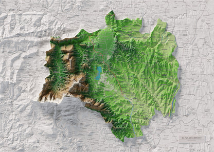 Mapa de relleu del Pla de l’Estany, amb el territori en color i l’entorn en blanc. Vista completa de la làmina. 50 × 70 cm. Estil Clàssic.