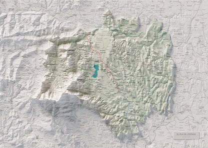 Mapa de relleu del Pla de l’Estany, amb el territori en color i l’entorn en blanc. Vista completa de la làmina. 50 × 70 cm. Estil Cartogràfic.