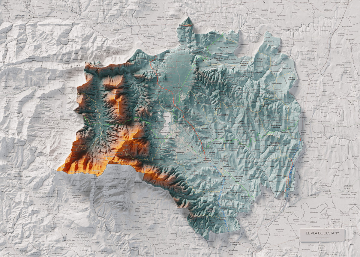 Mapa de relleu del Pla de l’Estany, amb el territori en color i l’entorn en blanc. Vista completa de la làmina. 50 × 70 cm. Estil Blau i taronja.