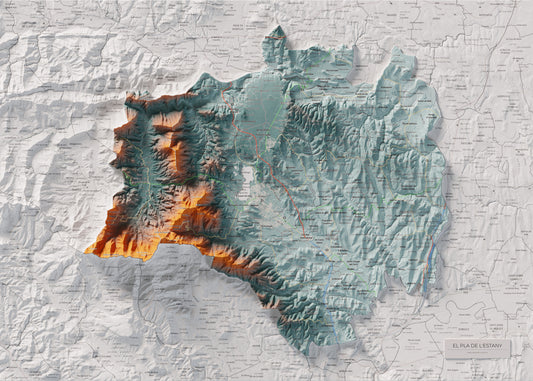 Mapa de relieve del Pla de l’Estany, con el territorio en color y el entorno en blanco. Vista completa de la lámina. 50 × 70 cm. Estilo Contrastado.