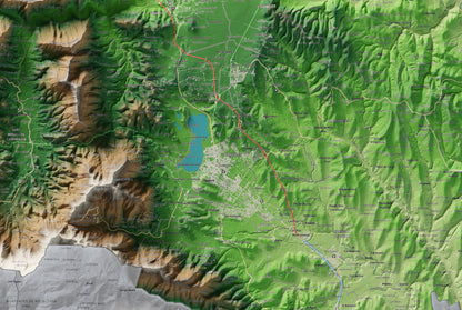 Mapa de relleu del Pla de l’Estany, amb el territori en color i l’entorn en blanc. Detall de la part central. 61 × 91 cm. Estil Clàssic.