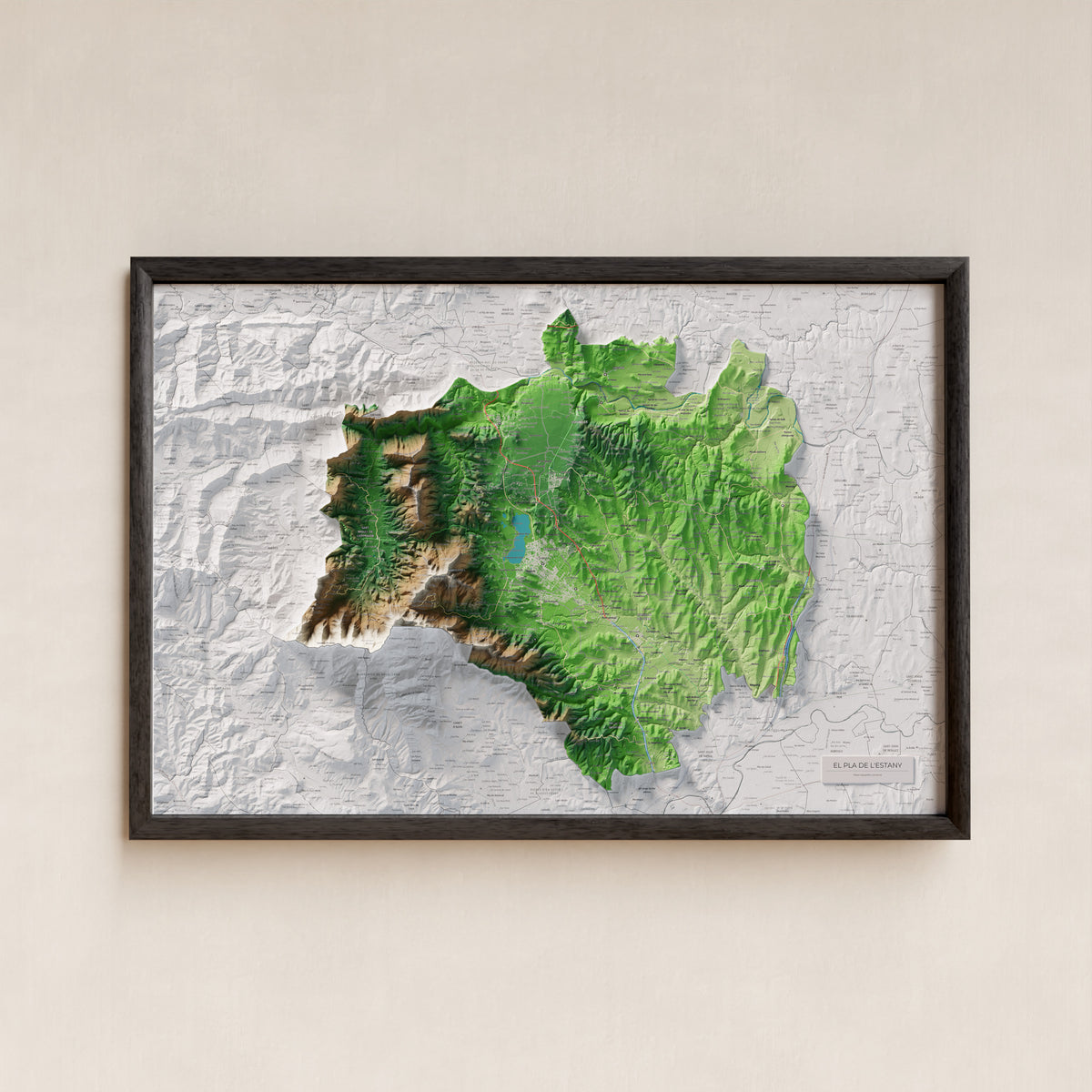 Mapa de relleu del Pla de l’Estany, amb el territori en color i l’entorn en blanc. Presentació amb marc. 61 × 91 cm. Estil Clàssic.