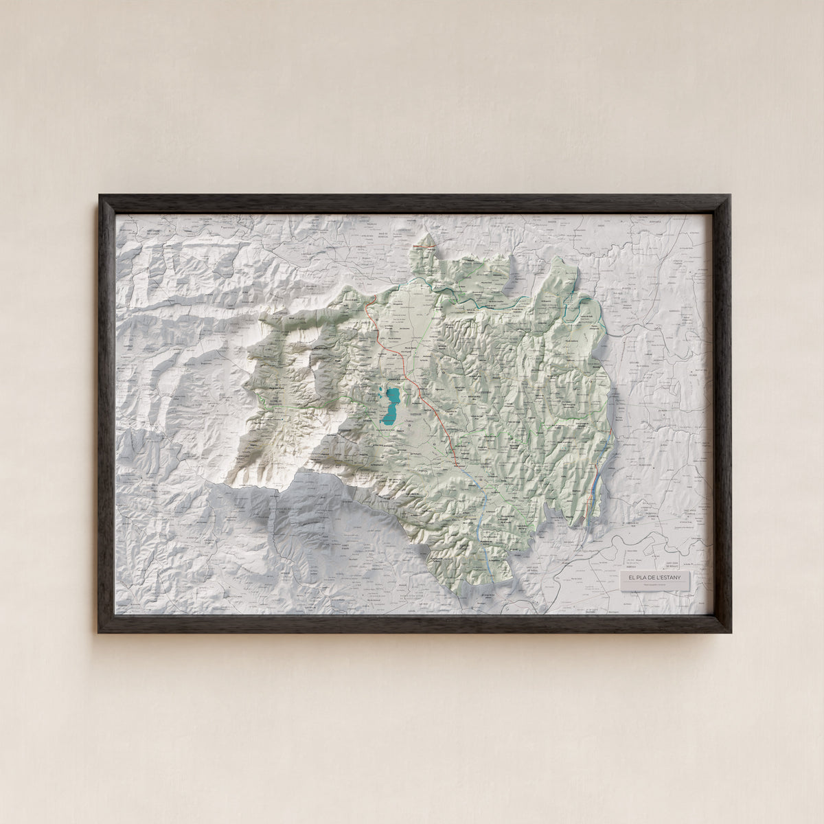 Mapa de relleu del Pla de l’Estany, amb el territori en color i l’entorn en blanc. Presentació amb marc. 61 × 91 cm. Estil Cartogràfic.