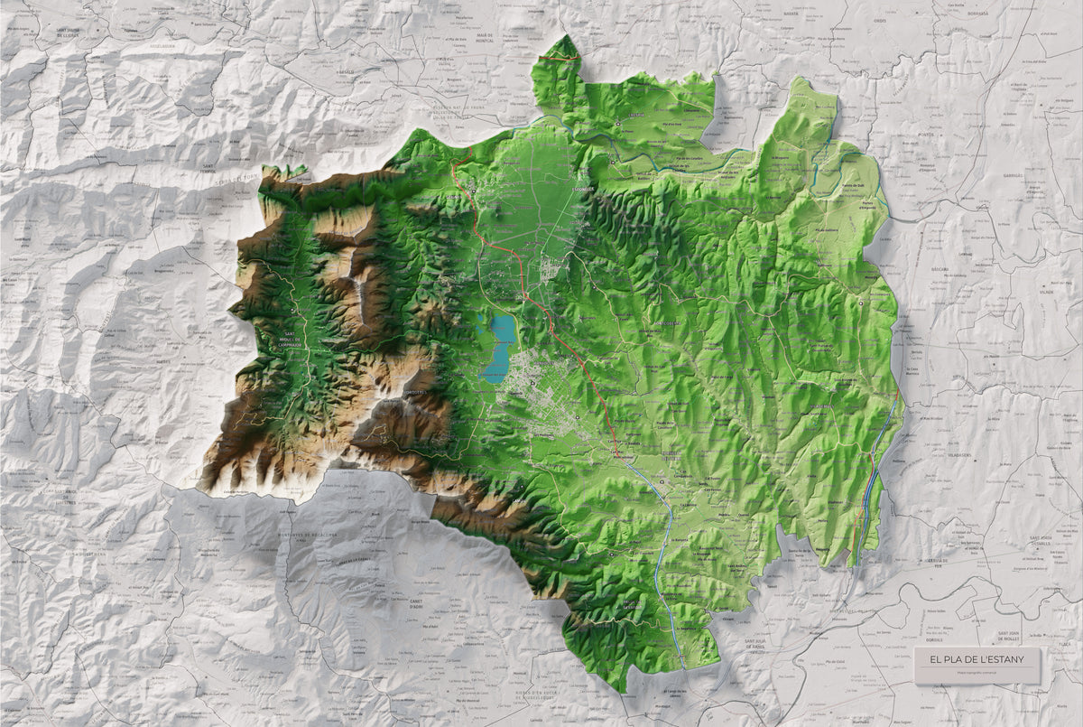Mapa de relleu del Pla de l’Estany, amb el territori en color i l’entorn en blanc. Vista completa de la làmina. 61 × 91 cm. Estil Clàssic.