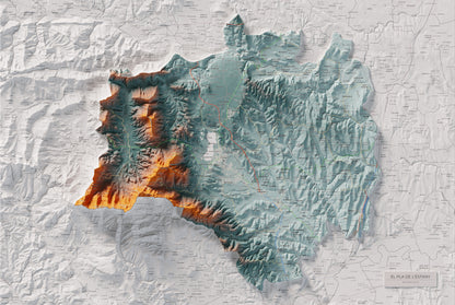 Mapa de relleu del Pla de l’Estany, amb el territori en color i l’entorn en blanc. Vista completa de la làmina. 61 × 91 cm. Estil Blau i taronja.