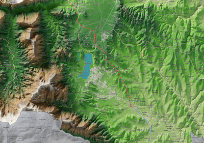 Mapa de relleu del Pla de l’Estany, amb el territori en color i l’entorn en blanc. Detall de la part central. 70 × 100 cm. Estil Clàssic.