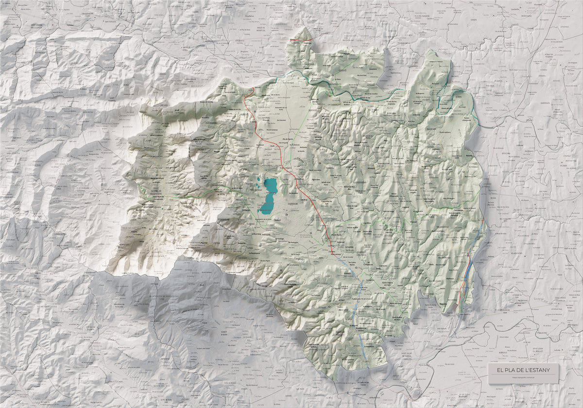 Mapa de relleu del Pla de l’Estany, amb el territori en color i l’entorn en blanc. Vista completa de la làmina. 70 × 100 cm. Estil Cartogràfic.