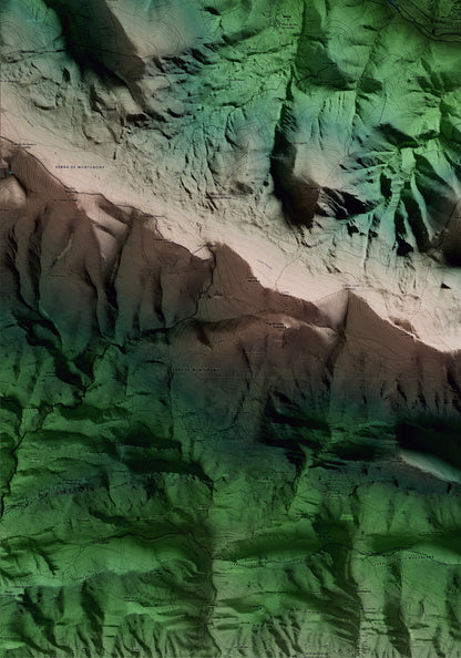 Mapa artístico del relieve de Planoles, al Ripollès, con 15 km de entorno y base topográfica ICGC. Detalle de la zona inferior izquierda.