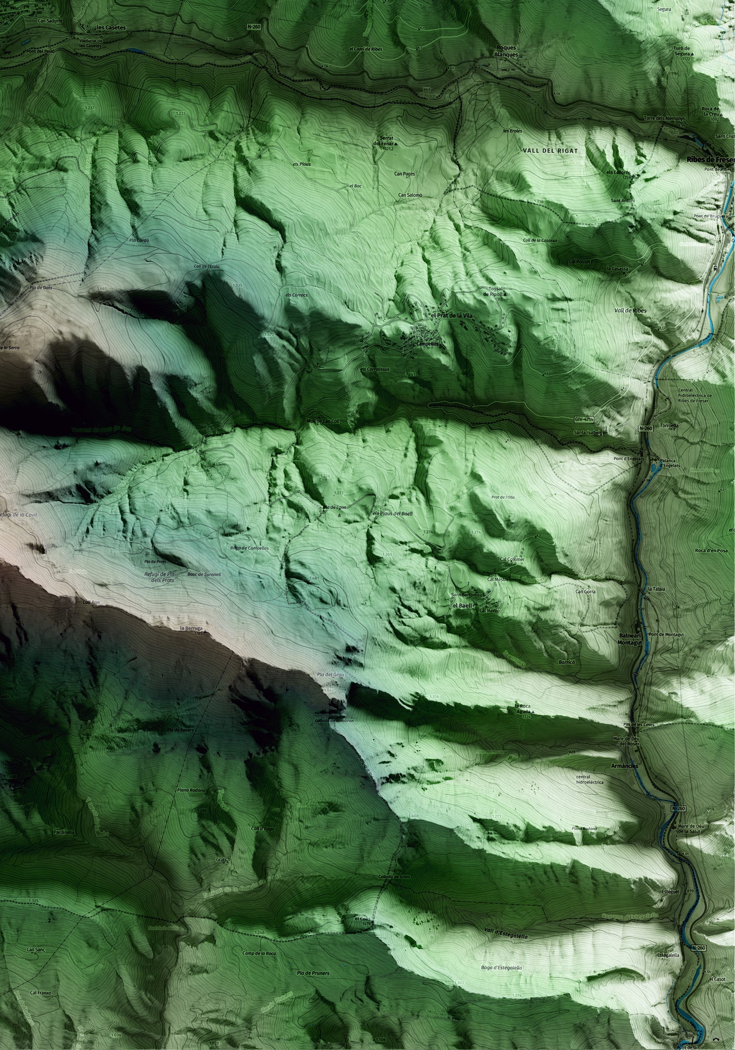 Mapa artístico del relieve de Planoles, al Ripollès, con 15 km de entorno y base topográfica ICGC. Detalle de la zona inferior derecha.