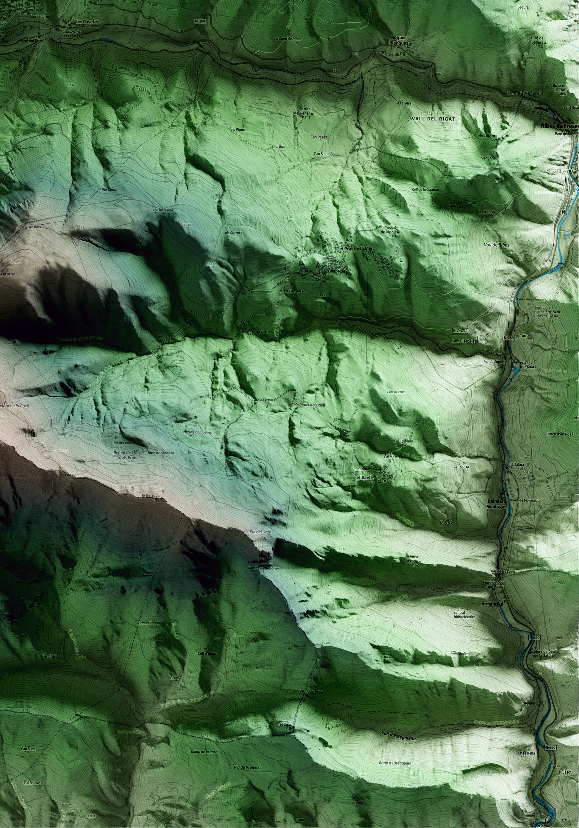 Mapa artístico del relieve de Planoles, al Ripollès, con 15 km de entorno y base topográfica ICGC. Detalle de la zona inferior derecha.