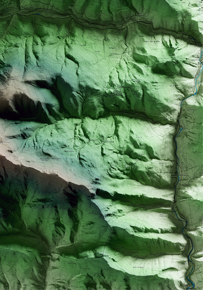 Mapa artístico del relieve de Planoles, al Ripollès, con 15 km de entorno y base topográfica ICGC. Detalle de la zona inferior derecha.