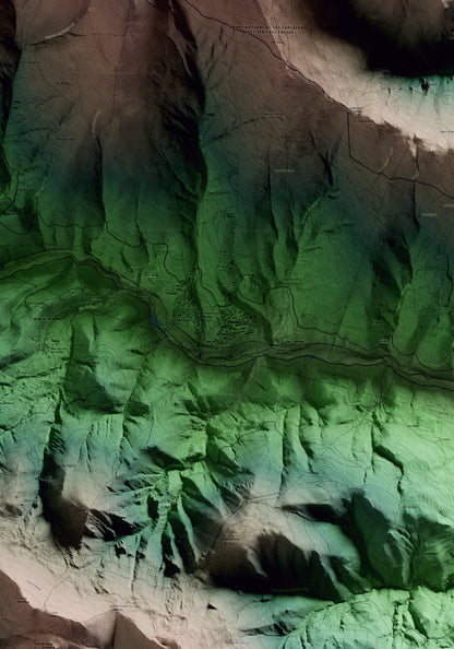 Mapa artístico del relieve de Planoles, al Ripollès, con 15 km de entorno y base topográfica ICGC. Detalle de la zona central.