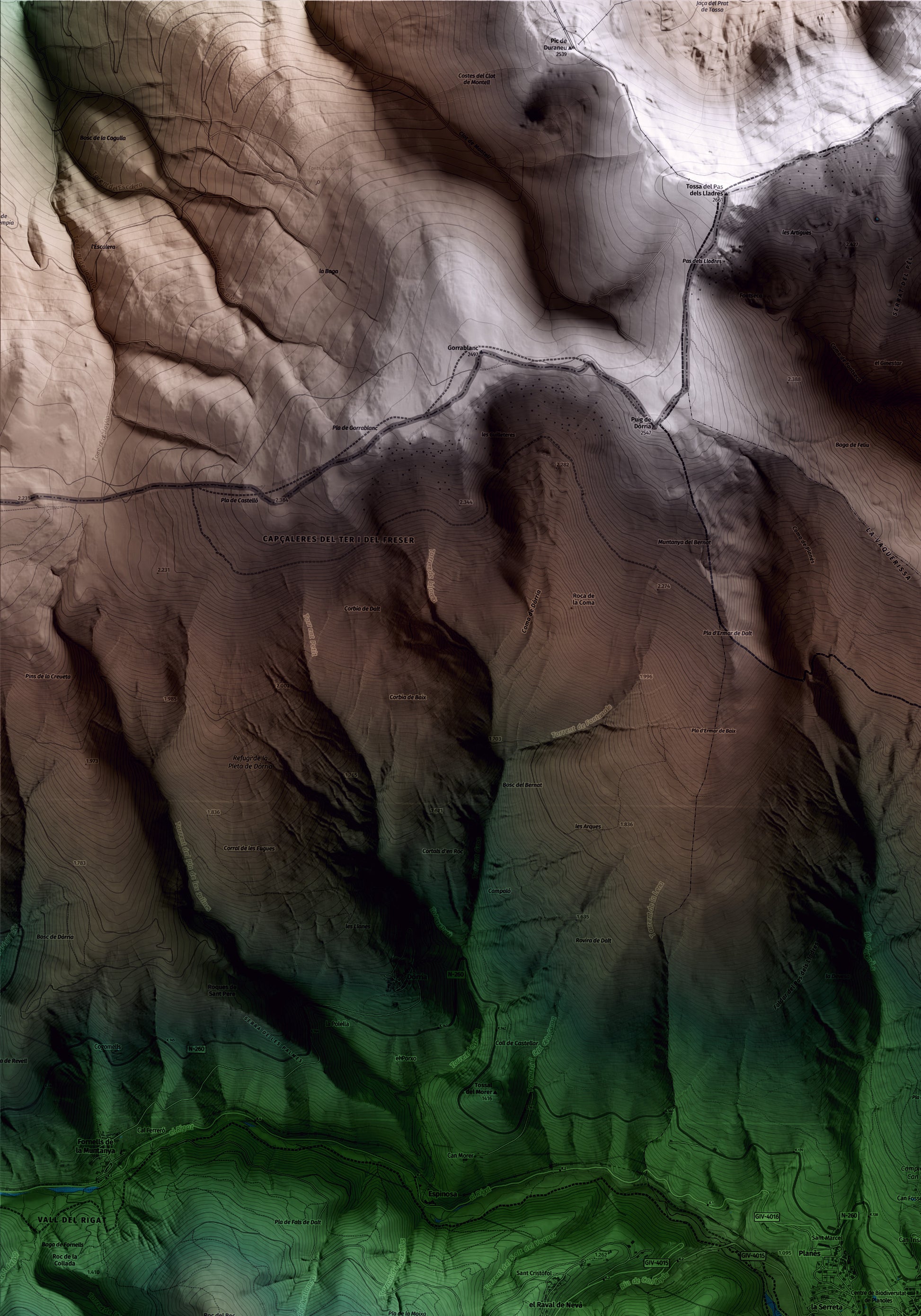 Mapa artístico del relieve de Planoles, al Ripollès, con 15 km de entorno y base topográfica ICGC. Detalle de la zona superior izquierda.