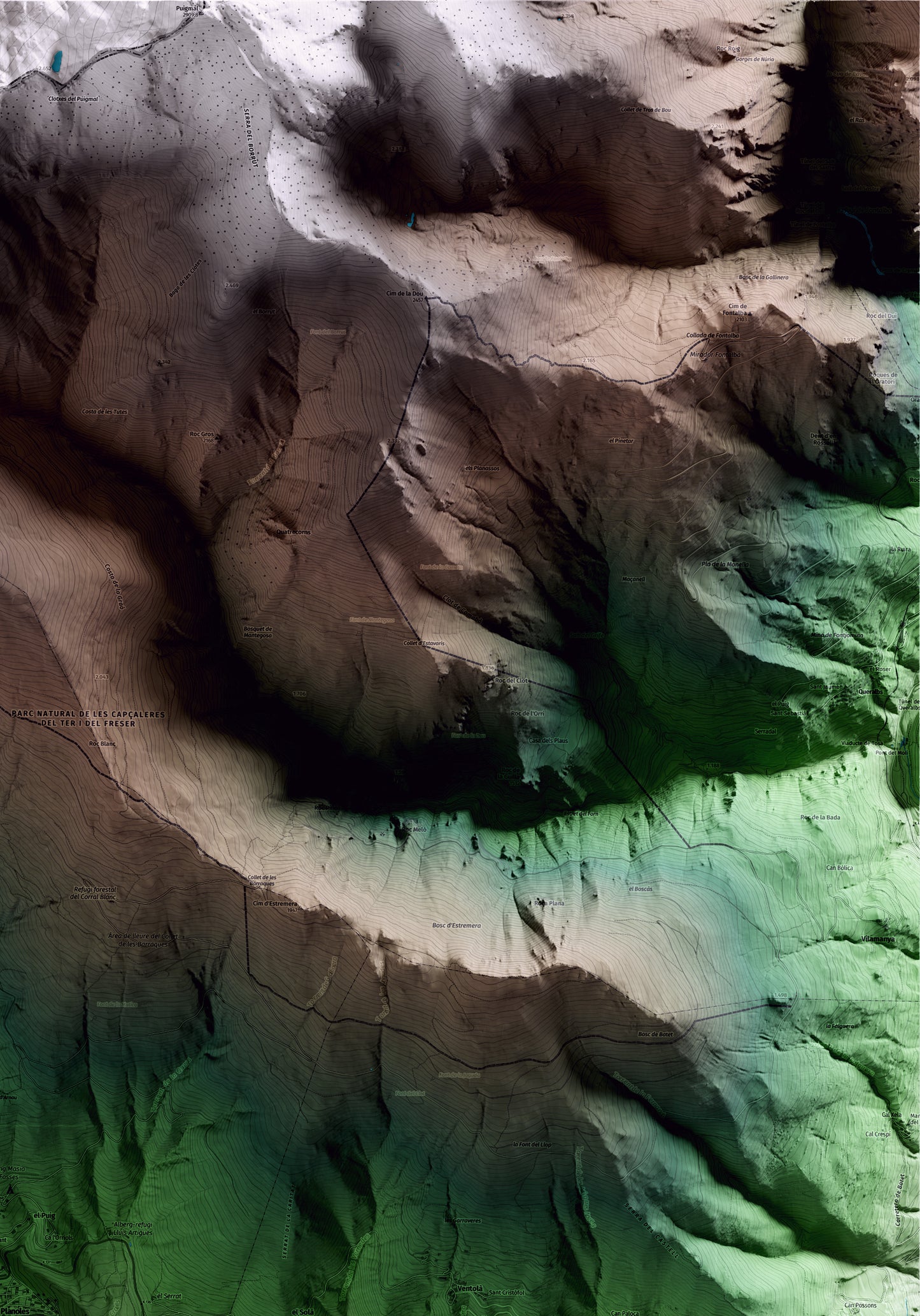 Mapa artístico del relieve de Planoles, al Ripollès, con 15 km de entorno y base topográfica ICGC. Detalle de la zona superior derecha.