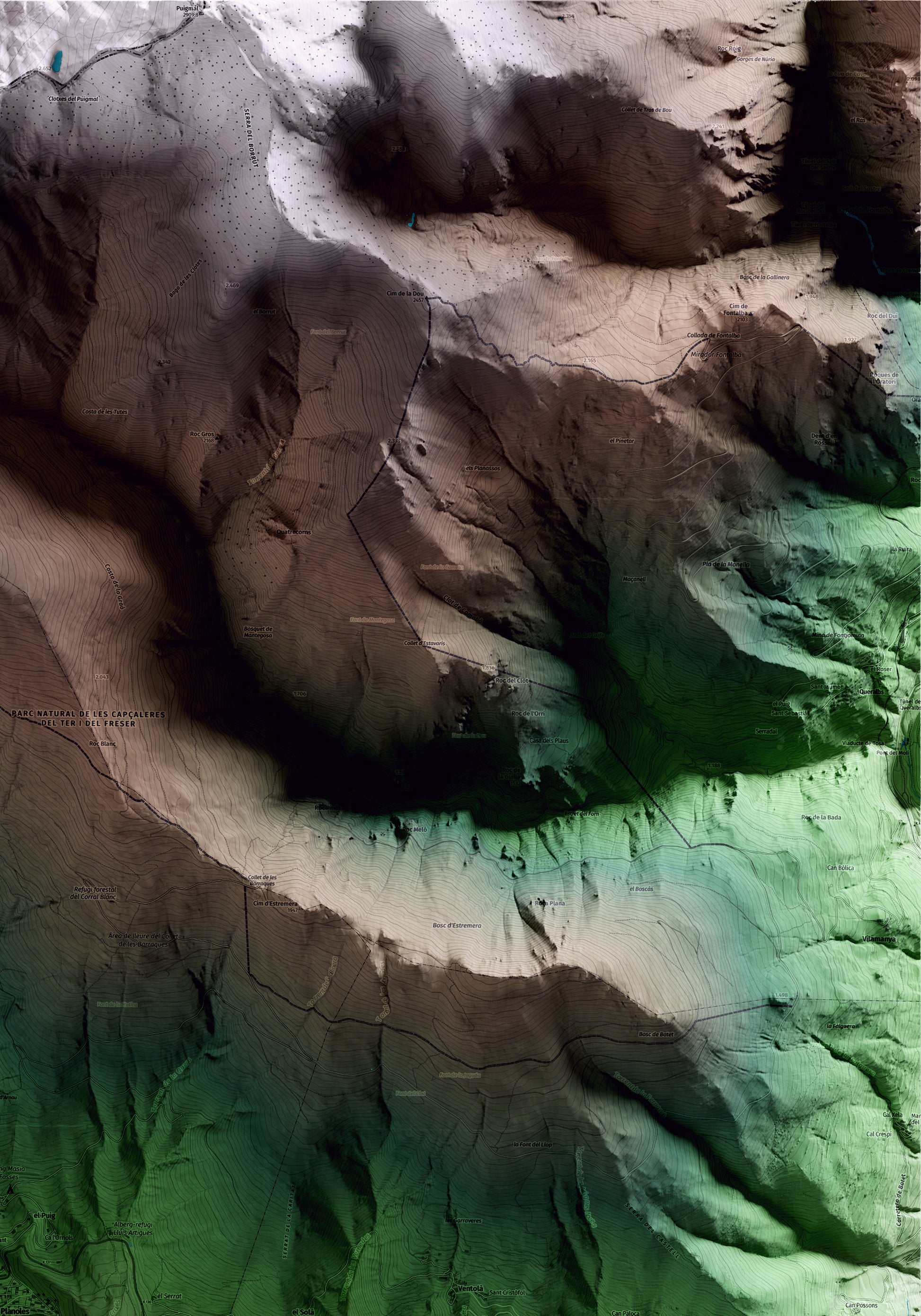Mapa artístico del relieve de Planoles, al Ripollès, con 15 km de entorno y base topográfica ICGC. Detalle de la zona superior derecha.