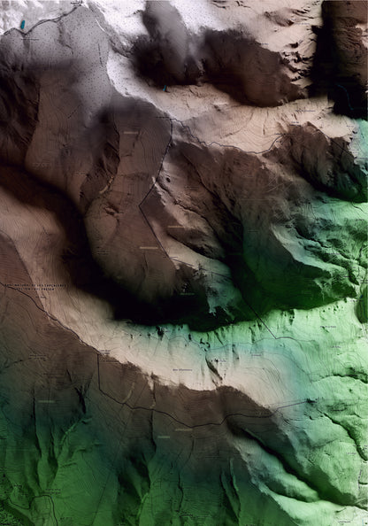 Mapa artístico del relieve de Planoles, al Ripollès, con 15 km de entorno y base topográfica ICGC. Detalle de la zona superior derecha.
