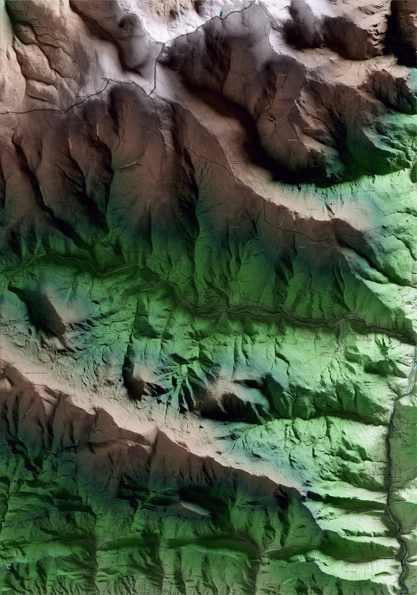 Mapa artístico del relieve de Planoles, al Ripollès, con 15 km de entorno y base topográfica ICGC