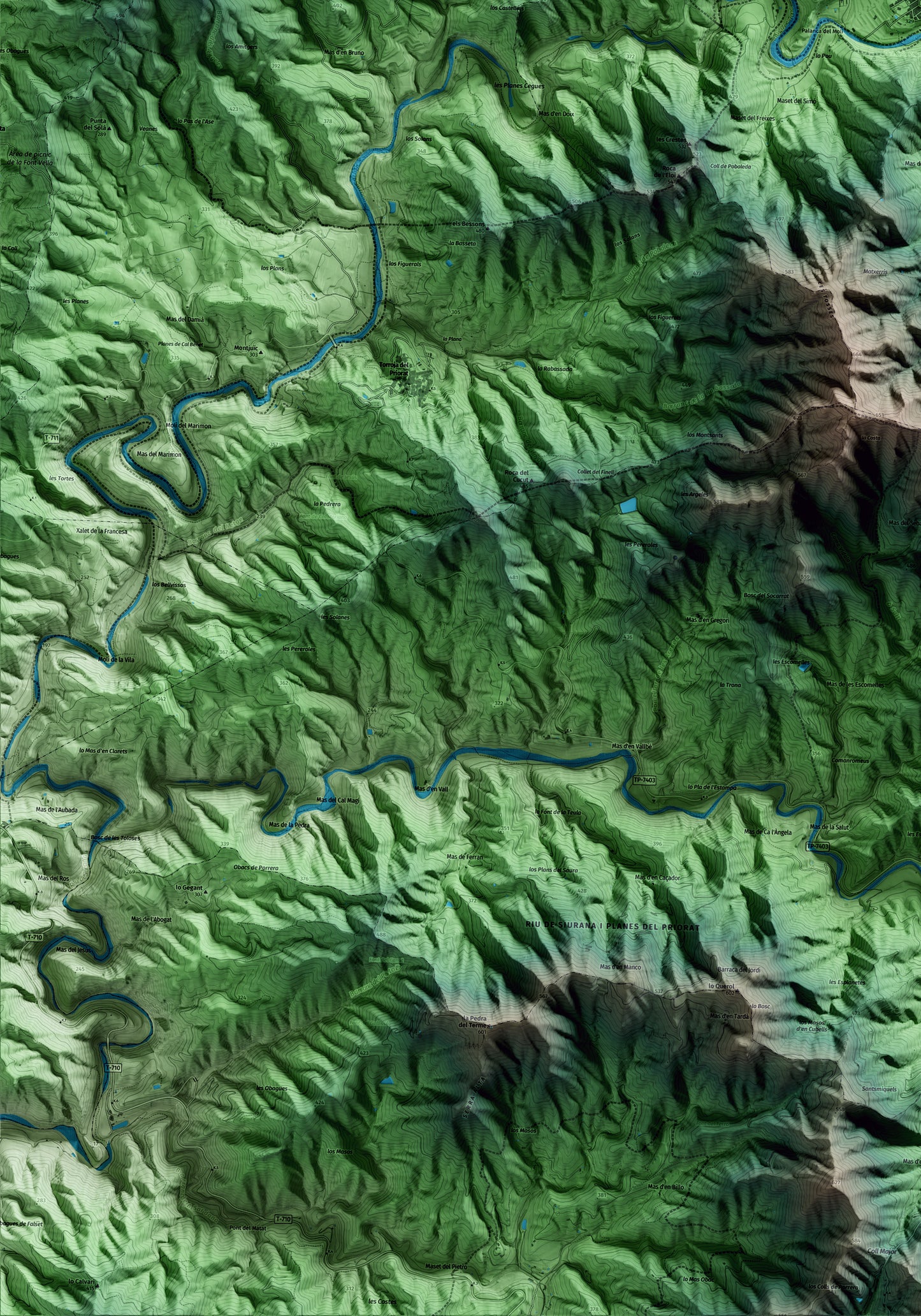 Mapa artístico del relieve de Poboleda, al Priorat, con 15 km de entorno y base topográfica ICGC. Detalle de la zona inferior izquierda.