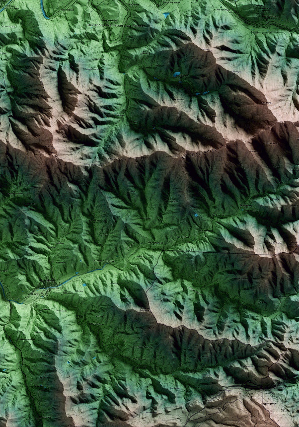 Mapa artístico del relieve de Poboleda, al Priorat, con 15 km de entorno y base topográfica ICGC. Detalle de la zona inferior derecha.