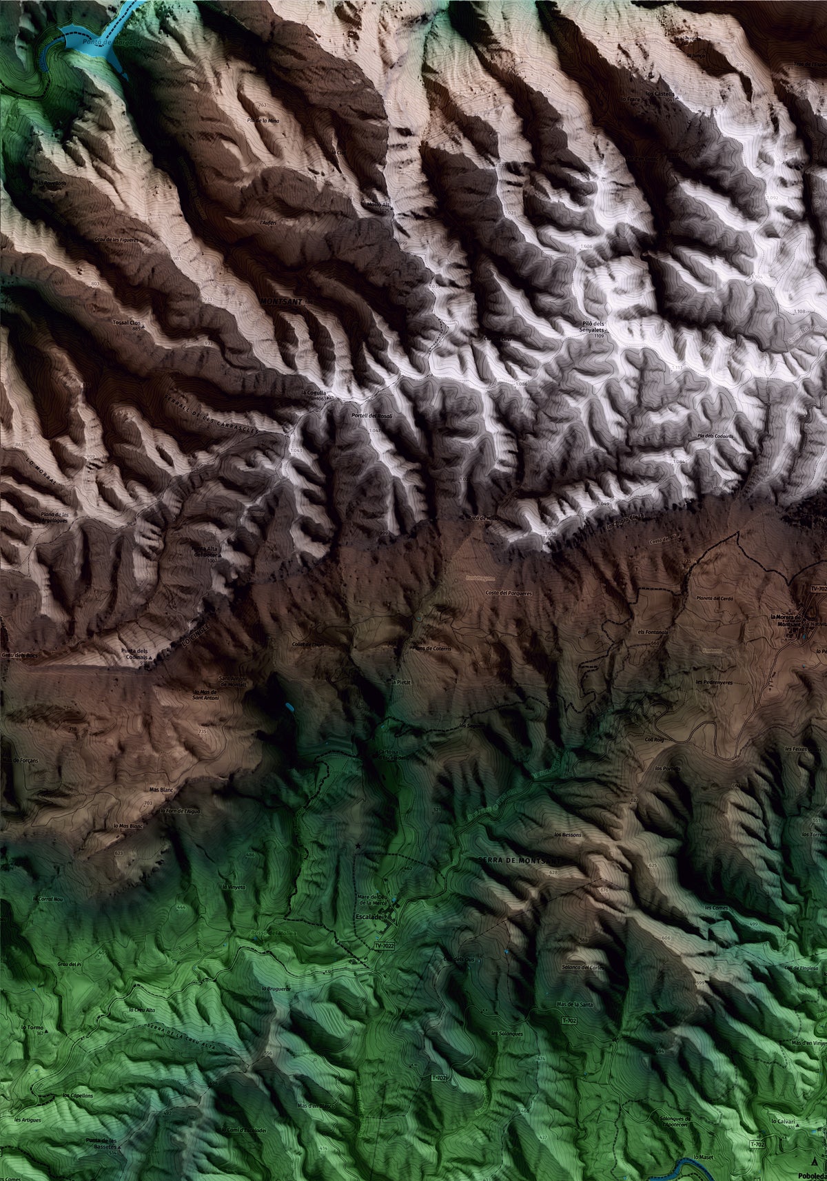 Mapa artístico del relieve de Poboleda, al Priorat, con 15 km de entorno y base topográfica ICGC. Detalle de la zona superior izquierda.