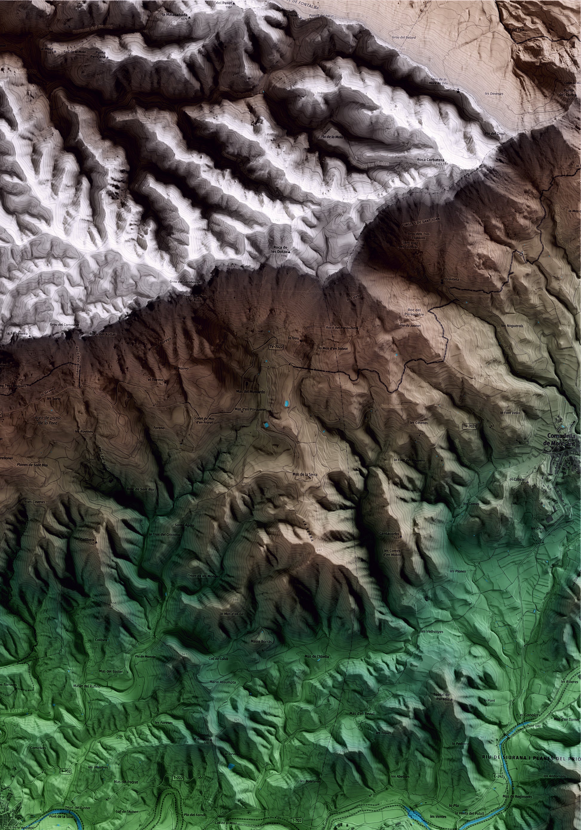Mapa artístico del relieve de Poboleda, al Priorat, con 15 km de entorno y base topográfica ICGC. Detalle de la zona superior derecha.