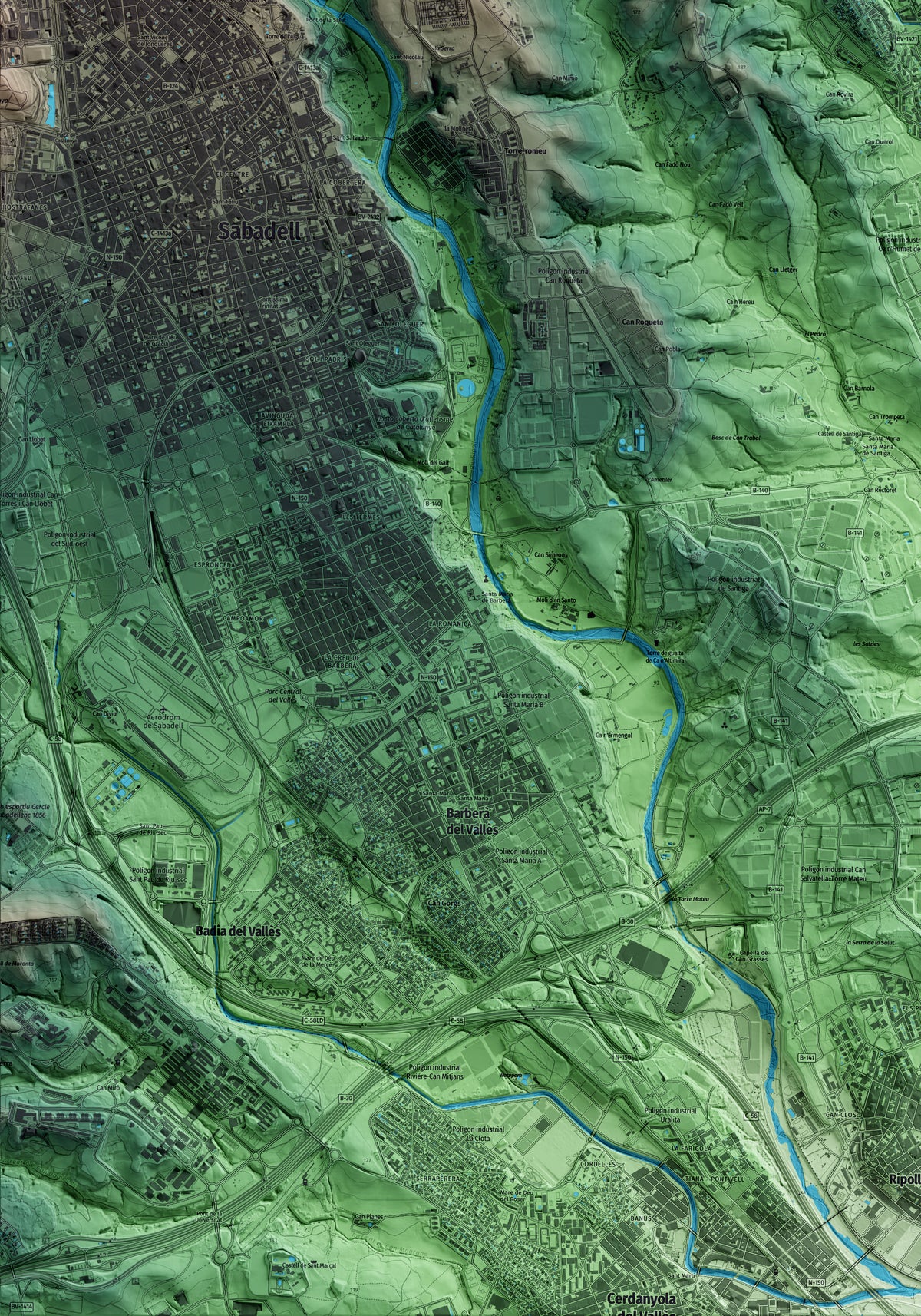 Mapa artístico del relieve de Polinyà, al Vallès Occidental, con 15 km de entorno y base topográfica ICGC. Detalle de la zona inferior izquierda.