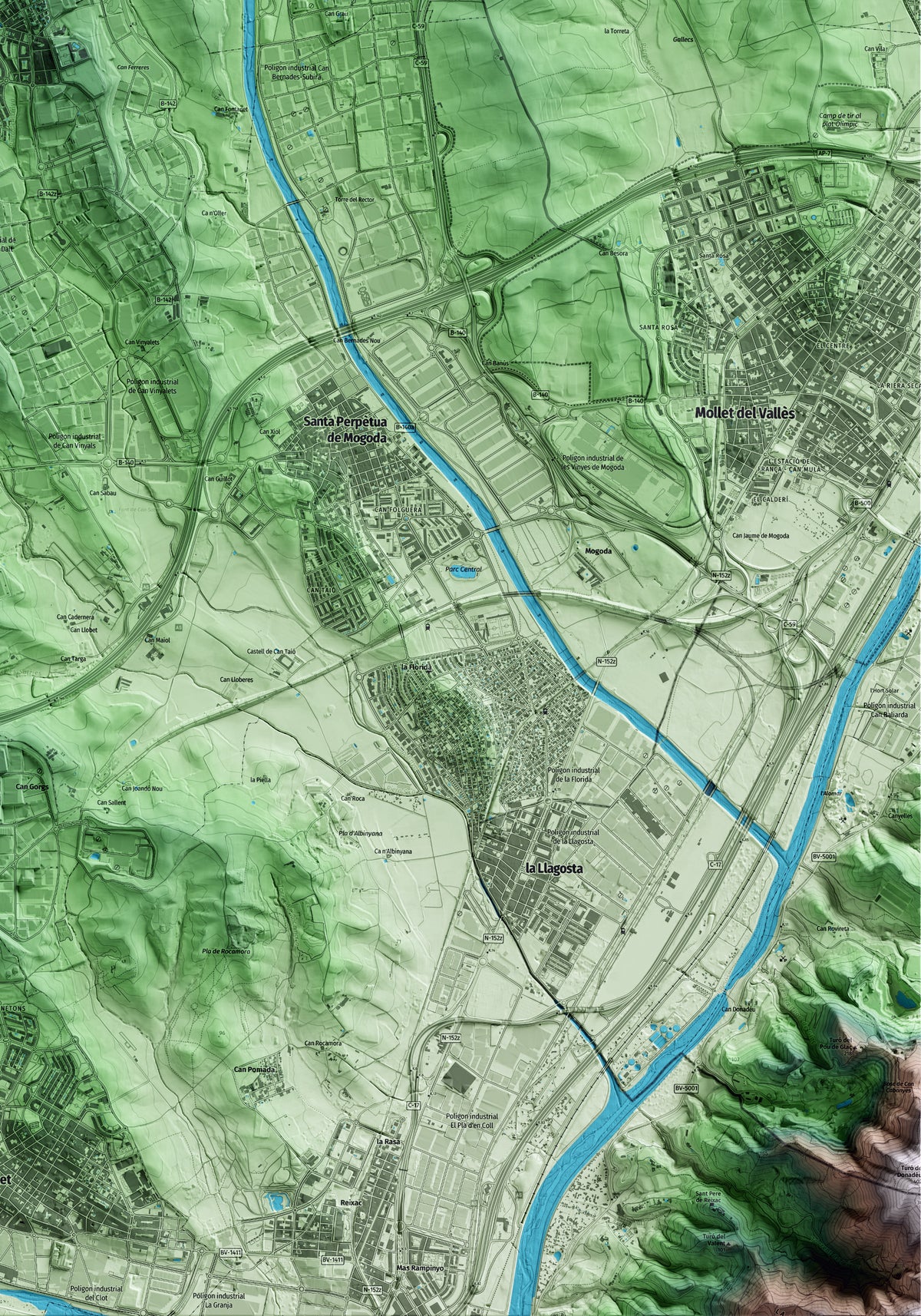 Mapa artístico del relieve de Polinyà, al Vallès Occidental, con 15 km de entorno y base topográfica ICGC. Detalle de la zona inferior derecha.
