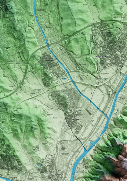 Mapa artístico del relieve de Polinyà, al Vallès Occidental, con 15 km de entorno y base topográfica ICGC. Detalle de la zona inferior derecha.
