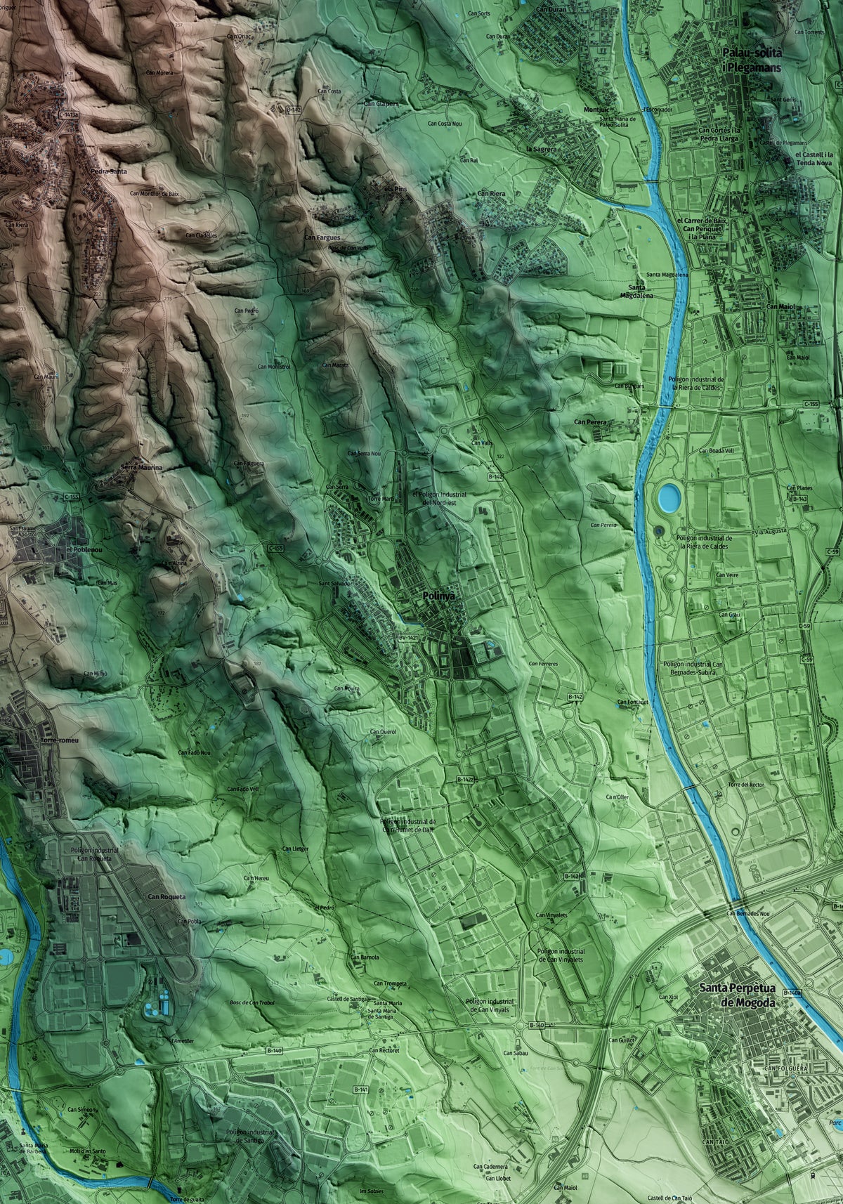 Mapa artístico del relieve de Polinyà, al Vallès Occidental, con 15 km de entorno y base topográfica ICGC. Detalle de la zona central.