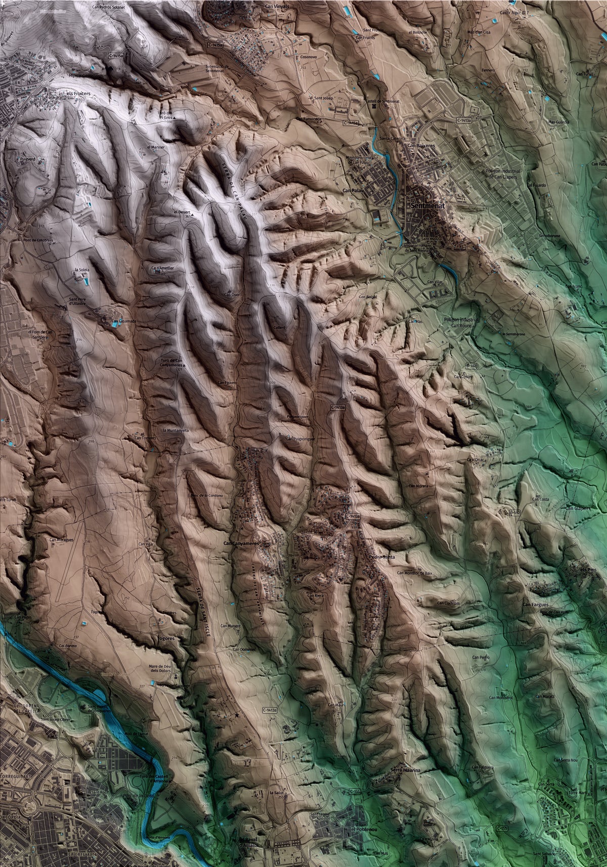 Mapa artístico del relieve de Polinyà, al Vallès Occidental, con 15 km de entorno y base topográfica ICGC. Detalle de la zona superior izquierda.