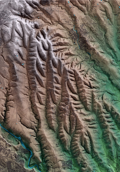 Mapa artístico del relieve de Polinyà, al Vallès Occidental, con 15 km de entorno y base topográfica ICGC. Detalle de la zona superior izquierda.