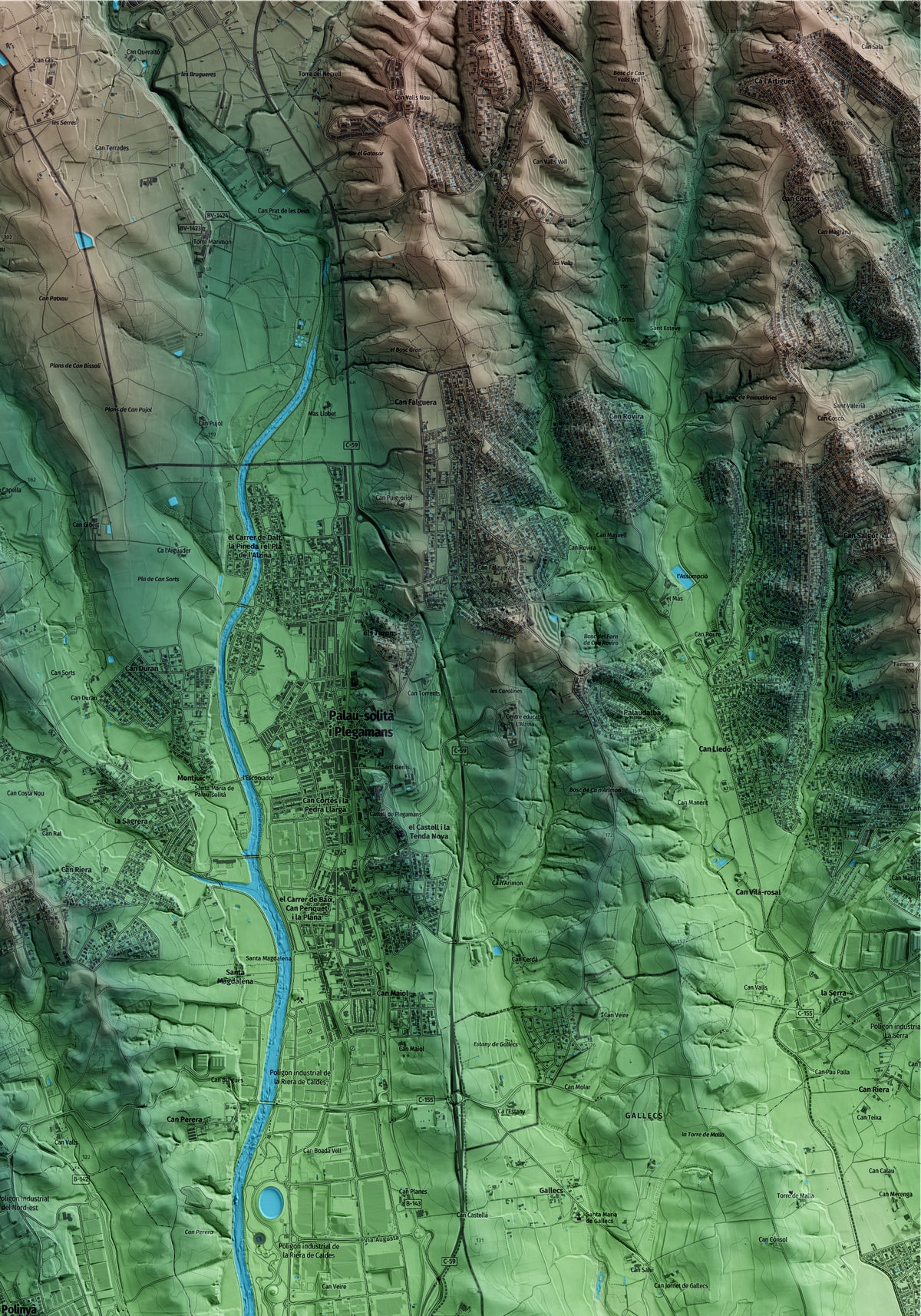 Mapa artístico del relieve de Polinyà, al Vallès Occidental, con 15 km de entorno y base topográfica ICGC. Detalle de la zona superior derecha.