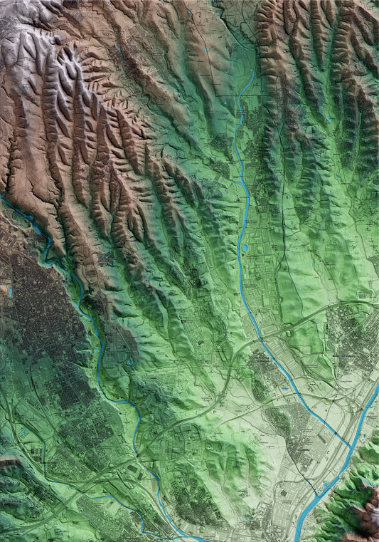 Mapa artístico del relieve de Polinyà, al Vallès Occidental, con 15 km de entorno y base topográfica ICGC