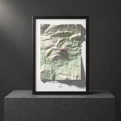 Mapa de relieve de Pollegó Inferior (Pedraforca), 2445 m, Berguedà, lámina 100 Cims de Trobart. Presentación enmarcada. 21 × 30 cm.