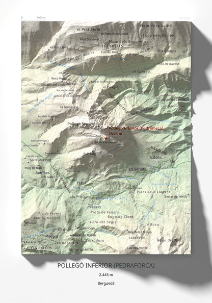 Mapa de relieve de Pollegó Inferior (Pedraforca), 2445 m, Berguedà, lámina 100 Cims de Trobart 21 × 30 cm.